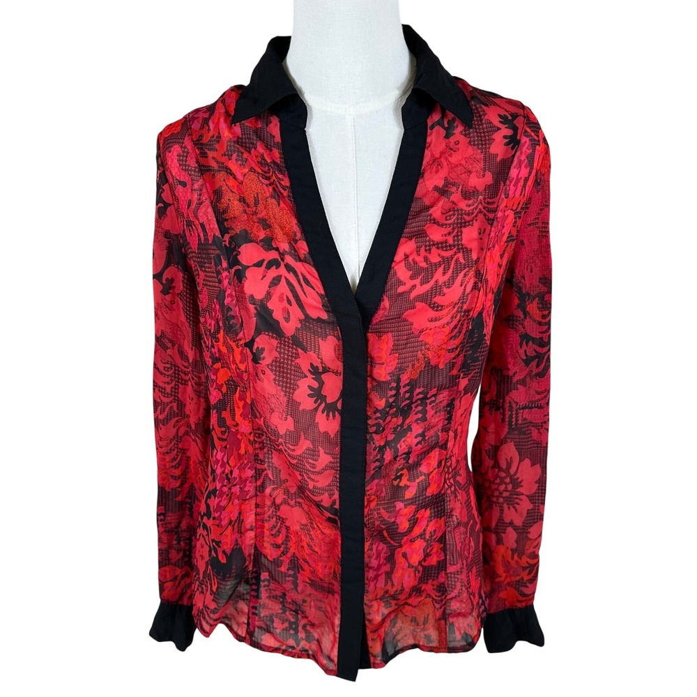 VTG Cache Button Down Top Women M Red Black Floral Sheer Whimsigoth Blouse